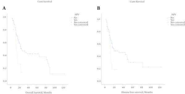 Kaplan-Meier Survival Curves for Overall and Disease Free Survival With Respect to HPV Status