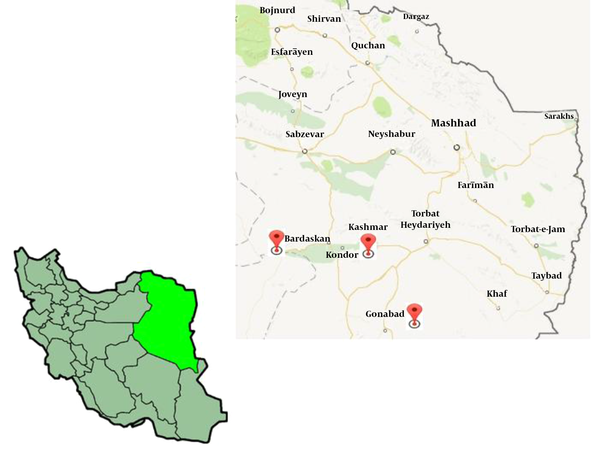 Geographical Map of Khasmar (K), Gonabad (G), and Bardaskan (B) Cities in Central Razavi, Iran.