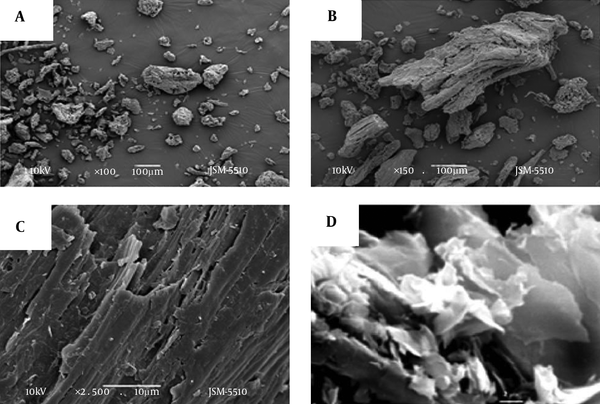 Scanning Electron Microscopy Images of Reduced Graphene Oxide Aggregates (A), (B) and Sheets (B), (D)