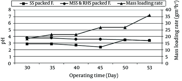 The Changes in pH Values vs. Operating Time (Day) and Different Mass Loading Rates in the Sewage Sludge and Mixture of Sewage Sludge with Rice Husk Silica Packed Filters