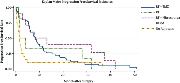 Progression Free Survival Rate of GBM Patients Under Different Adjuvant Therapy Protocols