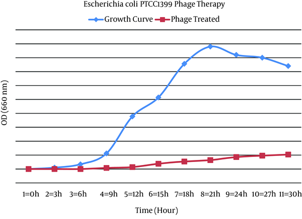 The Growth Curve of E. coli PTCC1399 in the Absence and Presence of Lytic Specific Bacteriophages Isolated From Zayandehrood River During 30 Hours of Incubation at 37ºC