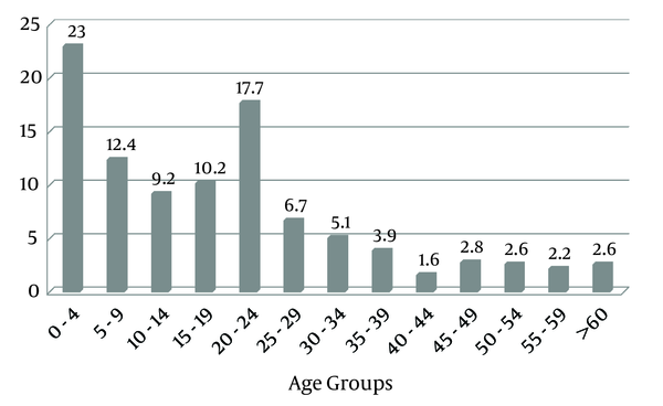 Percentage of Every Age Group Among Patients With CL in Our Population From April 2009 to March 2014.