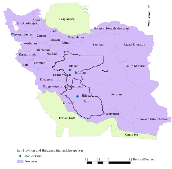 Shiraz and Isfahan metropolises and Fars and Isfahan provinces are prominently shown. Shiraz and Isfahan cities and rural areas of Fars and Isfahan provinces have been known as ACL and ZCL foci of CL, respectively for decades.