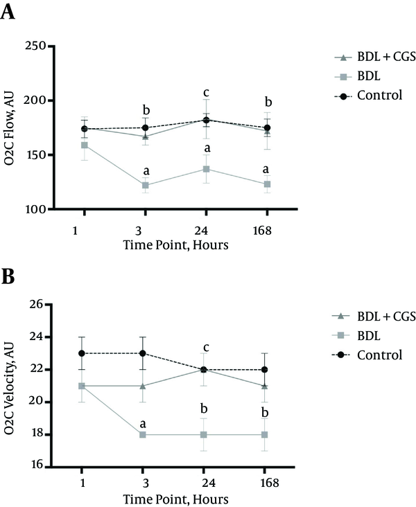 A, O2C flow measurement in the liver at 1, 3, 24, and 168 hours. Results are expressed as mean ± SEM; two-way ANOVA, Tukey’s multiple comparison test. a, P < 0.01 vs. control (3 hours, 24 hours, 168 hours); b, P < 0.05 vs. BDL; c, P < 0.01 vs. BDL (n = 7). B, O2C velocity measurement in the liver at the four time-points. Results are expressed as mean ± SEM; two-way ANOVA, Tukey’s multiple comparison test. a, P < 0.001 vs. control; b, P < 0.01 vs. control; c, P < 0.01 vs. BDL (n = 7).