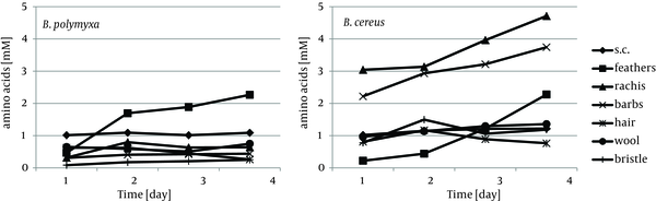 Concentration of -NH2 Groups of Amino Acids in Culture Fluids During Growth of B. polymyxa and B. cereus in the Presence of Different Keratins