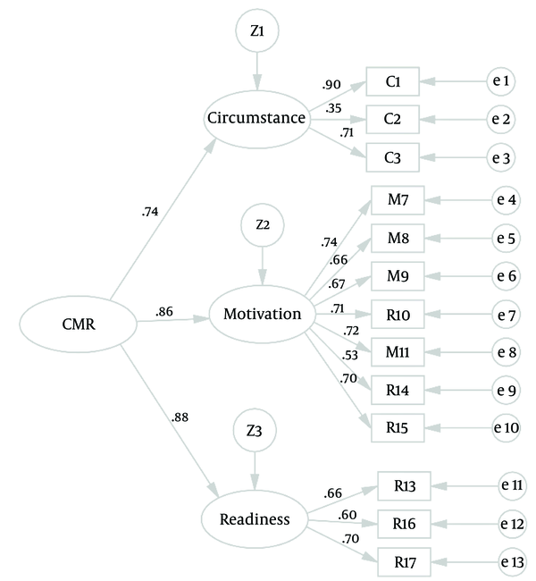 Confirmatory Factor Analysis (CFA) of the Culturally Adapted Circumstances, Motivation, and Readiness scale (CMR; n = 203)