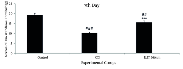 Mean values of the Mechanical Withdrawal Threshold obtained from the groups during the study period (before the operation (control), the 7 days after the operation). Asterisks represent significant differences from CCI group (*** P &lt; 0.001), and represent significant differences from Control group (###P &lt; 0.001; ##P &lt; 0.01).