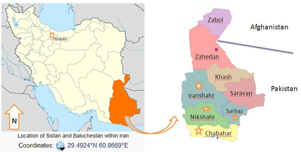 Map of the Study Area, Districts of Sistan and Baluchistan, Southeast of Iran