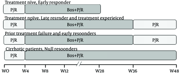 The duration of BOC containing triple therapy depends on the initial treatment response at week 8 of therapy (week 4 of triple combination), and the virological response documented at week 24 for naive patients. As demonstrated in the diagram all treatment schedules possess a 4 week P/R (lead-in) treatment phase, and boceprevir is added at week 4. In treatment naive early responders (negative HCV RNA at week 8), the schedule would be 4w (P/R) + 24w (B/P/R). In treatment experienced patients and treatment naive late responders (HCV RNA detectable at week 8 and undetectable at week 24), also in nonresponders with negative results for HCV RNA at week 8, the treatment would include 4 w (P/R) + 32w (B/P/R) + 12w (P/R). Finally, in null-responders and patients with cirrhosis regardless of on-treatment or prior response, the schedule is 4w (P/R) + 44w (B/P/R). Boc: boceprevir, P/R: Pegylated Interferon α/Ribavirin.