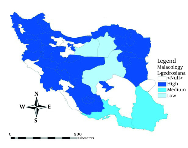 Map of Iran Showing Distribution of Lymnaea gedrosiana With Different Density of the Snail in Various Areas
