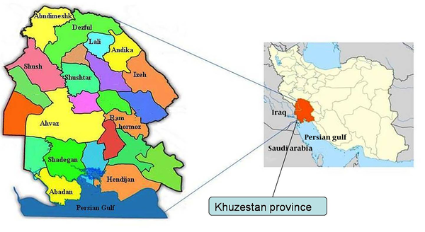 Khuzestan is highlighted with green. Cities of this province are distinguished by colures. The map of Khuzestan province by Uwe Dering highlighted by Dr. Blofeld.