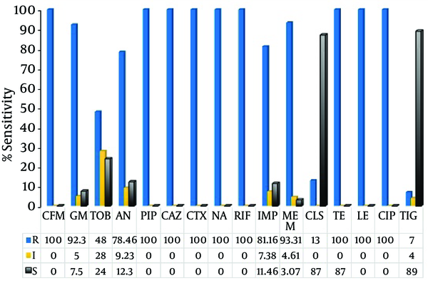 Abbreviations; CFM, Cefixime; GM, gentamicin; TOB, tobramycin; AN, amikacin; PIP, piperacillin; LE, levofloxacin; CAZ, ceftazidime; CTX, cefotaxime; NA, nalidixic acid; RIF, rifampin; IMP, imipenem; MEM, meropenem; CL, colistin; TIG, tigecycline. Figures in the table indicate percent in bacterial population; R, resistance; I, intermediate; S, sensitive; Muller-Hinton agar was used for susceptibility test. The inoculum concentration was 10 × 108.