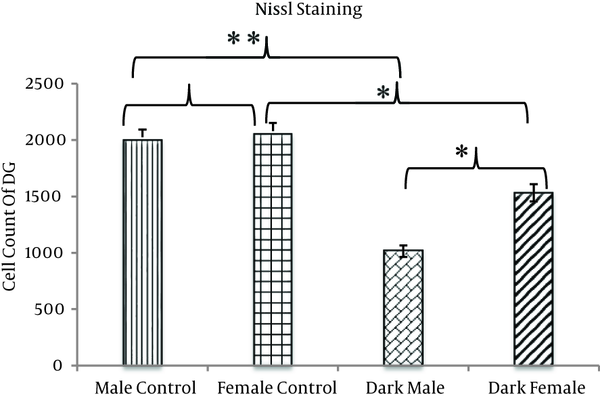 The number of Nissl positive neurons in the DG is significantly lower in the dark males and females as compared with the control groups. The difference between the two trial groups is significant; the number of Nissl positive neurons in the dark male animals is significantly lower than in the dark female animals. There is a nonsignificant difference between the two control groups, and the number of Nissl positive neurons in the male control animals is lower than in the female control animals (*P &lt; 0.05) (**P &lt; 0.01).