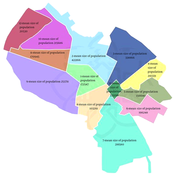 Thirteen Municipal Divisions of Mashhad and Mean Size of Population in Each Division