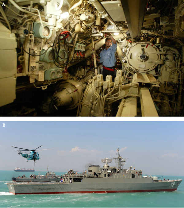PANEL B: The bottom photo is the domestically made Jamaran destroyer, lunched in the Persian gulf in 2009. This illustration demonstrates an exercise for evacuation of an injured patient.