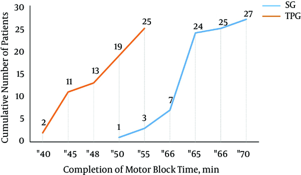 The Cumulative Number of Patients According to Complete Motor Block Time in the TPG and SG Groups