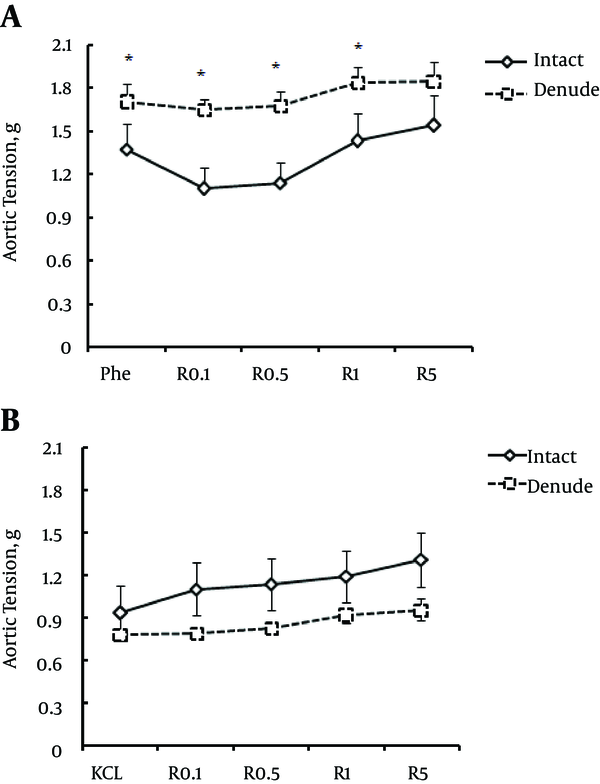 The effect of different concentrations of madder on aortic smooth muscle tension (with intact and denuded endothelium) in response to phenylephrine (Phe) (a), KCl (b). (R - 0.1 to 5) represent madder concentrations from 0.1 to 5 mg/mL. (*) P &lt; 0.01 indicates the significant value of aorta tension with intact versus denuded endothelium in response to phenylephrine followed by different concentrations of madder.
