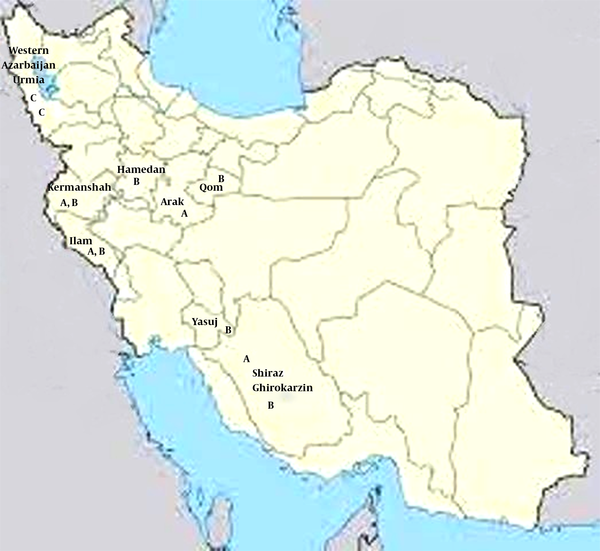 Map of Iran Representing the Locations of the 4 Families with c.286dupA (A), 6 Families with p.M332I (B) and 2 Families with p.R77Q (C) Mutations in TYR Gene