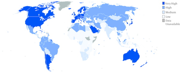 World Map Indicating the Categories of HDI by Countries (Based on Data 2013)