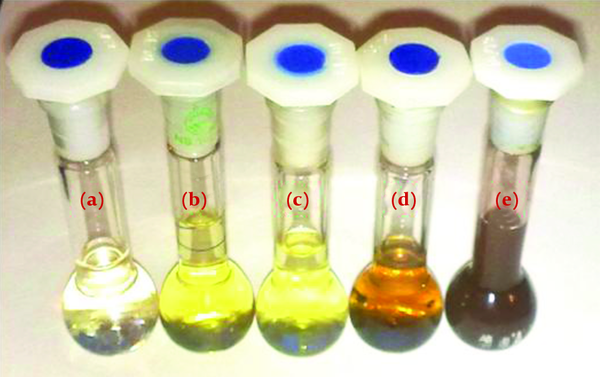 Photograph of the Reaction Mixtures Showing Color Change A, AgNO3 Ions; B, Hedera helix Extract; C, Stable Colloid Silver Nanoparticles Prepared by Phyto-Bio Reduction Method after D, 5 Minutes; E, after 10 Minutes; E, after 15 Minutes.