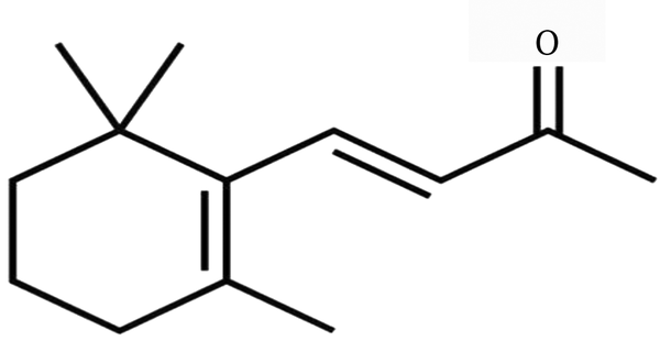 Chemical Structure of β-Ionone [(E)-4-(2, 6, 6-Trimethyl-1cyclohexen-1-yl)-3-Buten-2-One]