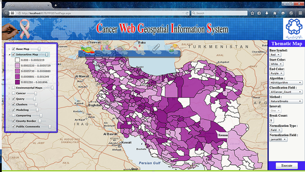 User-Made Map of Cancer WebGIS System, Total Rate of Cancer Normalized Based on Number of Population in 5 Classes