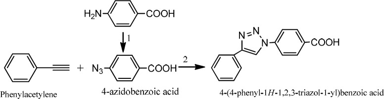 Preparation 4-(4-phenyl-1H-1, 2, 3-triazol-1-yl) benzoic acid. 1) NaNO2 /HCl, NaN3. 2) CuSO4/ sodium ascorbate