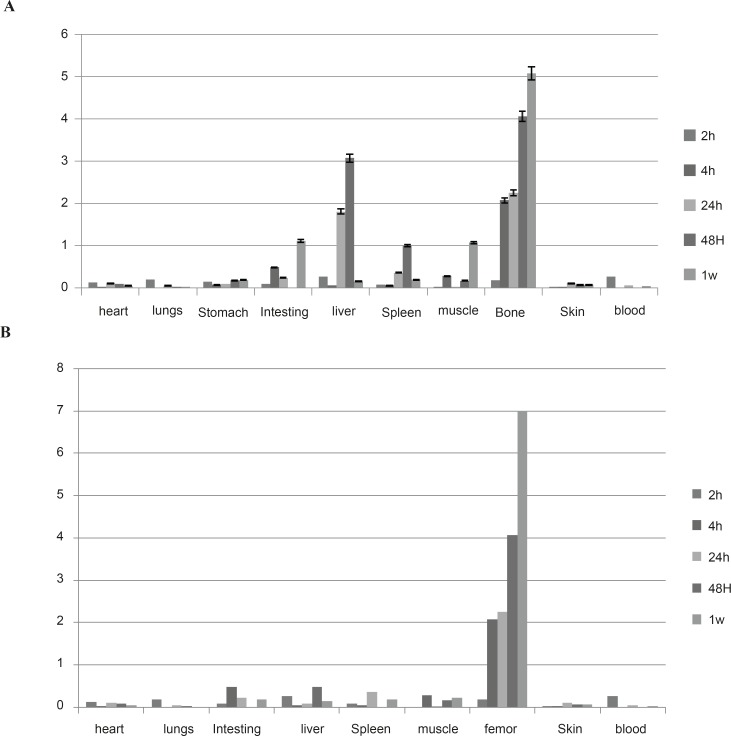 Percentage of injected dose per gram of 177LuCl3, (a) and 177Lu-EDTMP, (b) in wild-type rat tissues after 2, 4, 24, 48 h and 7 days post injection