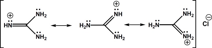 Chemical structure of guanidine HCl and its delocalized  -electrons and positive charge