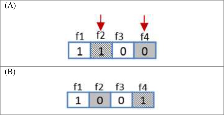 Mutation operator. (A) Resulted chromosome before mutation. (B) A random chromosome after mutation.