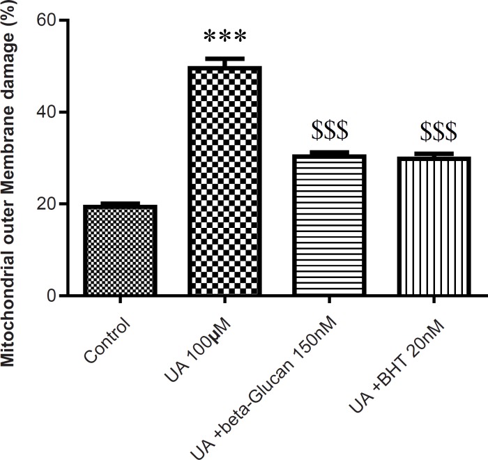 Preventing uranyl acetate (UA)-induced cytochrome c release by beta-glucan and BHT. Cytochrome c release was measured by ELISA kit as described in Experimental. Values are presented as mean ± SD (n = 3). *: Significant difference in comparison with control mitochondria (p < 0.05). $: Significant difference in comparison with UA-treated mitochondria (p < 0.05).
