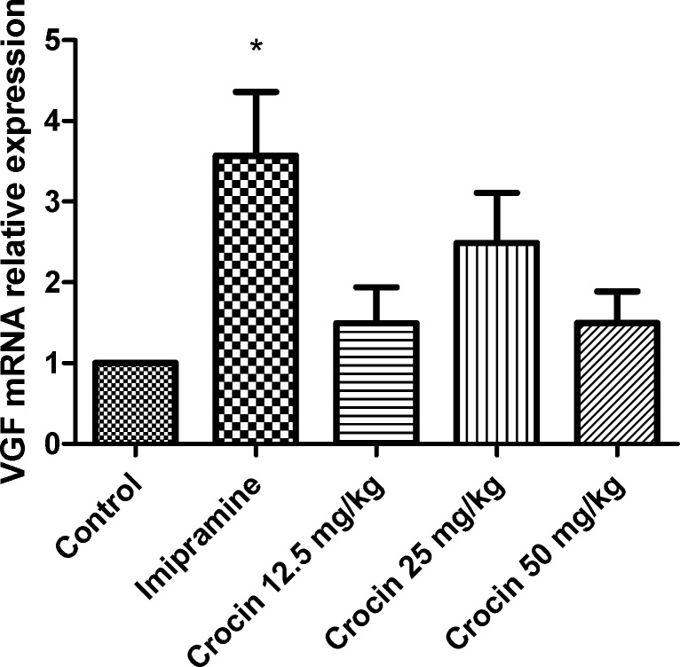 Effect of crocin on VGF mRNA level in the rat cerebellum using real time PCR. The transcript level of each sample was normalized against β-actin transcript level. These reactions are representative of four separate experiments. Data are expressed as the mean ± SEM. *P < 0.05 vs control group