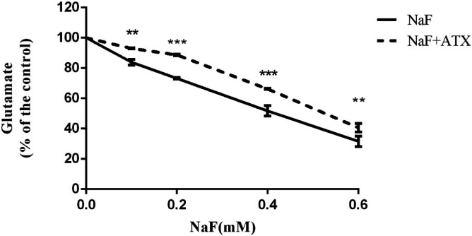 Effect of NaF exposure and ATX pretreatment on cell glutamate uptake. Cells were exposed to 0, 0.1, 0.2, 0.4, and 0.6 mM NaF alone (NaF) and after pretreatment with 30 μM ATX (ATX+NaF). The results were expressed as a percentage to control value