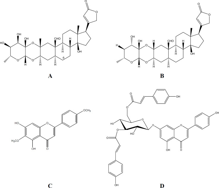 Chemical structures of (A) calotoxin, (B) calotropin, (C) pectolinarigenin, (D) apigenin7-O-(3