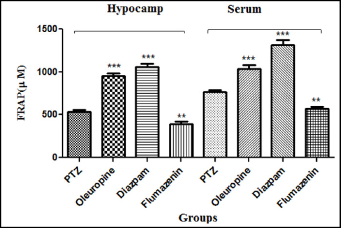Ferric reducing antioxidant power of the serum and hippocampal tissues in different groups of mice