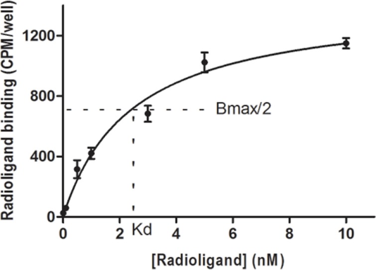 Saturation curve for binding of EDDA- 99mTc-HYNIC0-Tyr8-Met(O)11-SP to U373MG cells which concluded a mean Kd of 2.46 ± 0.43 nM and a mean Bmax of 128925 ± 8145 sites/cell.