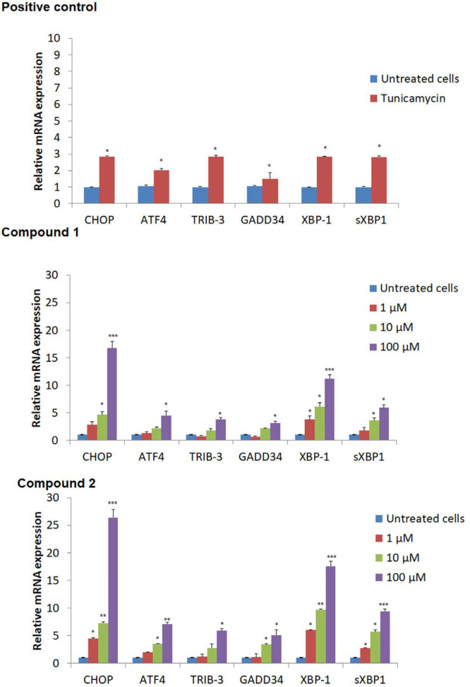 mRNA expression of important signaling proteins in endoplasmic reticulum UPR signaling. The expression of each mRNA relative to GAPDH was calculated by ΔΔC (t) method. Vehicle was used as negative and Tunicamycin as positive controls. (*p < 0.05; **p < 0.01; ***p < 0.001 versus negative control)