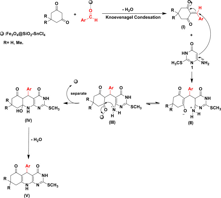 A proposed mechanism for preparation of pyrimido [4,5-b]quinolones in the presence of Fe3O4@SiO2-SnCl4