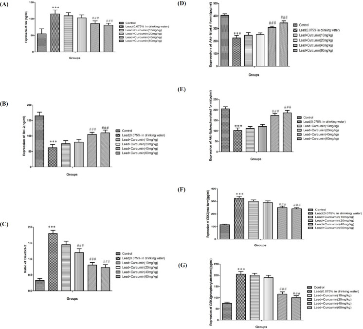 Effects of various doses of Curcumin (10, 20, 40 and 60 mg/kg) on lead-induced alteration of protein expression of Bax (A), Bcl-2 (B), ratio of Bax/Bcl-2 (C), total Akt (D), phosphorylated Akt (E), total GSK3 (F) and phosphorylated GSK3 (G) in rat isolated hippocampus.