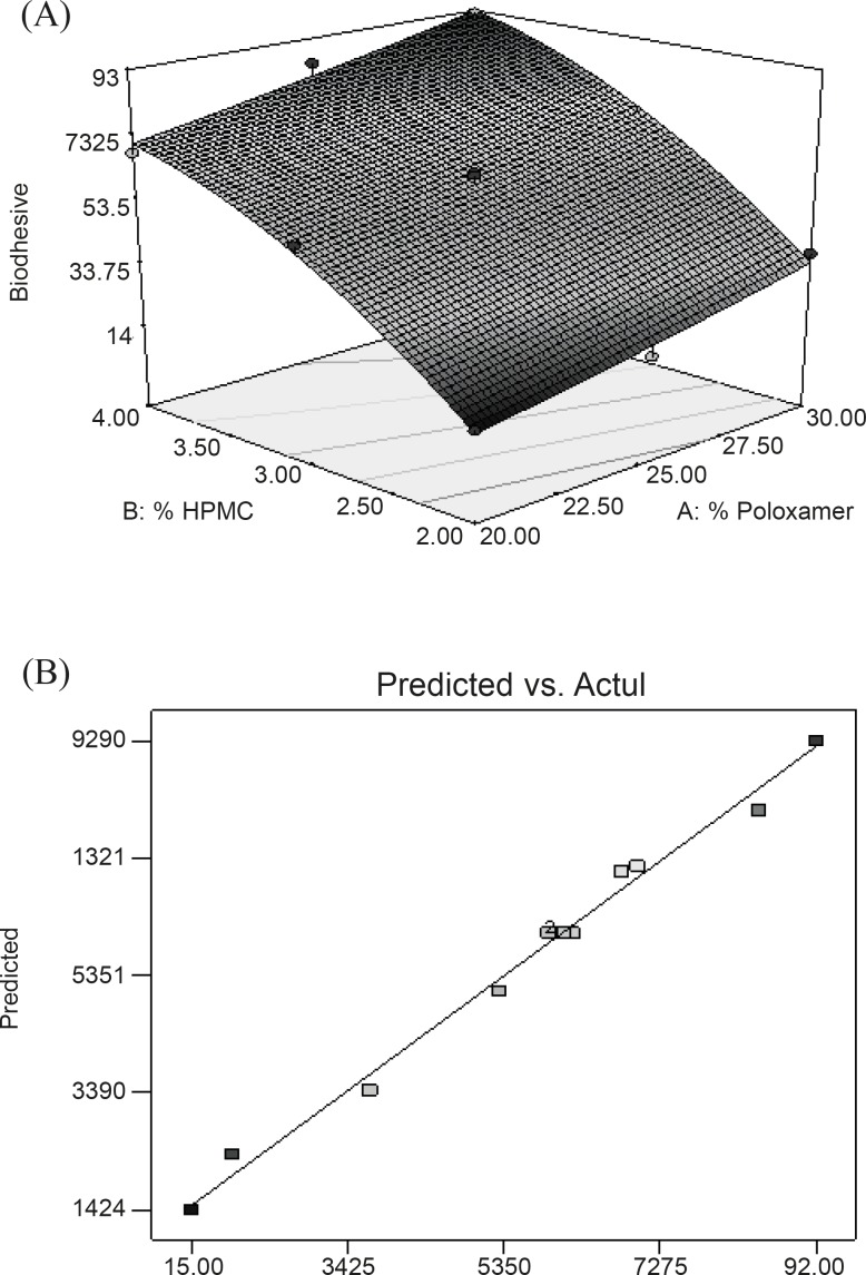 (A) Response surface plot showing the effect of PL-407 and HPMC on Bioadhesion (Y1); (B) Linear plot between observed and predicted value of Y1