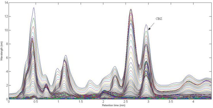 Chromatographic profiles, each at a single wavelength (225-370 nm), for a typical spiked serum sample with 2.35 µg L-1 of CBZ. The analyte of interest are indicated