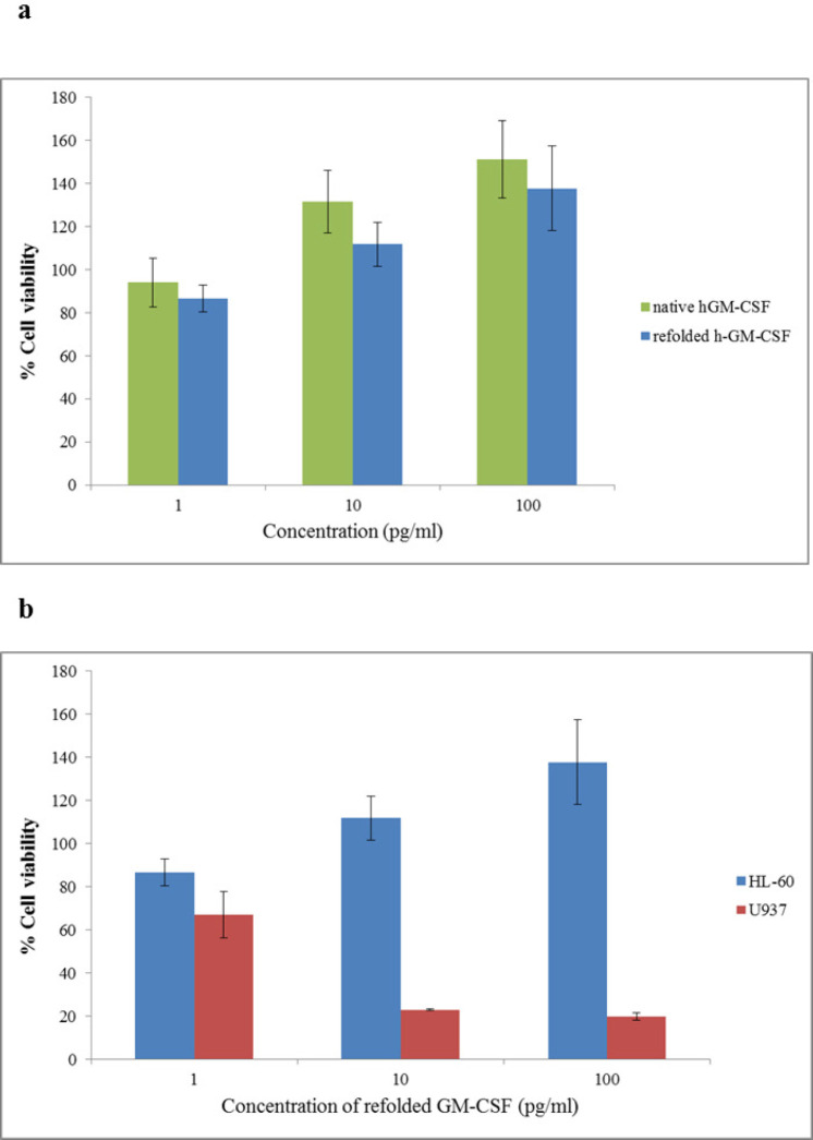 Biological assay of hGM-CSF using MTT assay (A) Effect of refolded hGM-CSF and standard hGM-CSF on viability of HL-60 cells (b) Effect of refolded hGM-CSF on viability of HL-60 and U937 cells. Cells were incubated for 48 h with different concentrations (1-100 pg./mL) of hGM-CSF. The vertical bars indicate the standard deviations (n = 4).