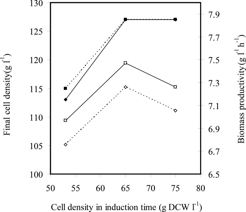 The effects of induction time (cell density at induction time g L-1 DCW) on the final cell density (g L-1 DCW) (■) and biomass productivity (g L-1 h-1 DCW) (□) in fed-batch cultures of E.coli BL21 (DE3) (pET3a-ifnγ). The black and dotted lines denote inducer concentrations of 2.25×10-3 and 1.13×10-3 g L-1 g-1 IPTG per DCW, respectively