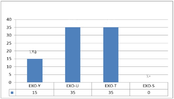 The frequency of exoenzymes Y, U, T and S are shown in Graph 1. Exoenzymes T and U had the highest frequency of 68.8% among all studied samples taken from animal isolated strains
