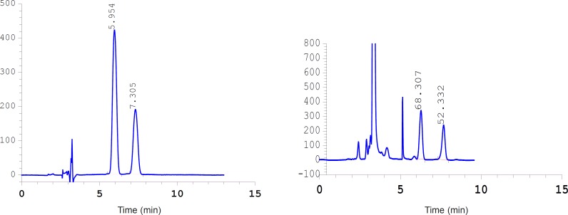 Chromatogram of γ-tochopherol and α-tochopherol acetate in: a: Calibration standard solution and b: Non branching Naz cultivar sample