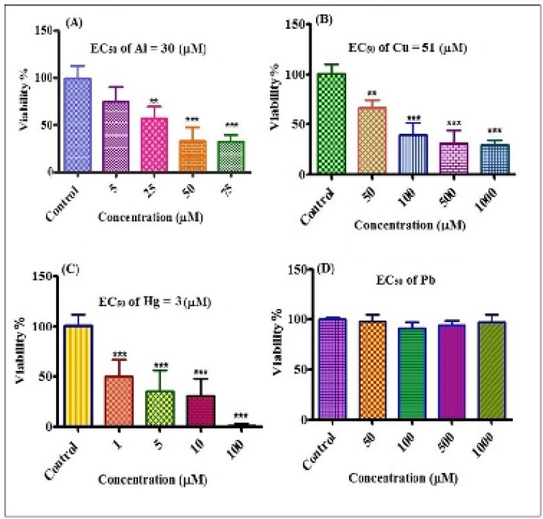 Cytotoxicity of different concentrations of Al3+, Cu2+, Hg2+ and Pb2+on human lymphocytes. Viability of lymphocytes after treatment with Al3+(A), Cu2+(B), Hg2+(C), Pb2+(D) for 12 h. **P<0.01 and ***P<0.001