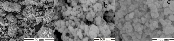 SEM images of (a) raw AP, (b) MSN and (c) AP-MSN solid dispersion