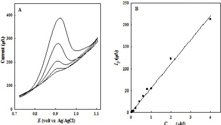 (A) LSVs for various concentrations of OMZ in the range of (down to up), 0.2 to 4.0 μM in 0.1 M phosphate buffer solution (pH 7.0). (B) Corresponding linear calibration curve of Ipvs. OMZ concentration.