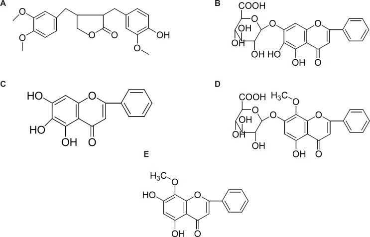Chemical structures of arctigenin (A), baicalin (B), baicalein (C), wogonoside (D) and wogonin (E).